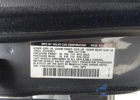 2006 Volvo Xc90 2.5T from USA, damaged, VIN YV4CZ592061296920